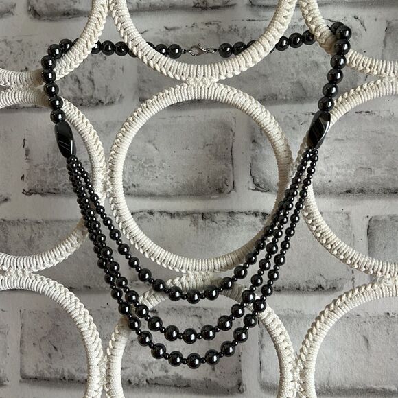 New! Hematite Beaded Stone Necklace, Layered Metallic - Picture 3 of 8